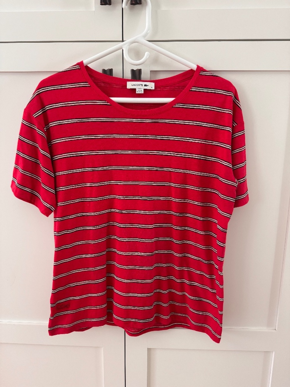 Lacoste Striped Red Short Sleeve Round Neck Cotton T-Shirt